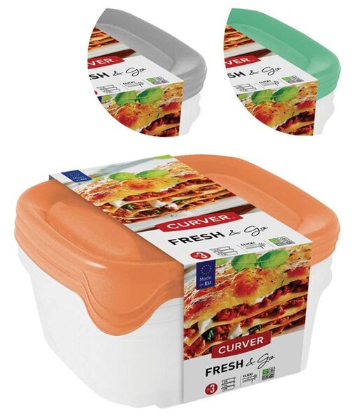 Tárolóedény Curver® Set Square, szett 3 db, 800 ml, menta/szürke/barack vegyes színek, 155x155x110 m