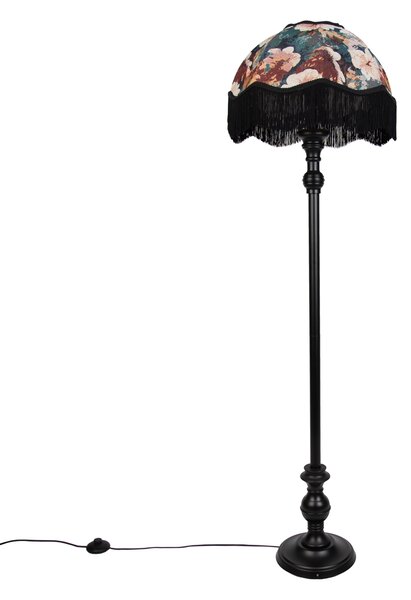 Fekete állólámpa virágmintás búrával és fehér belsővel 45cm - Classico