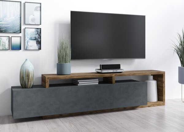 TV-állvány Lutiva 103, Laminált forgácslap, 52x219x45cm, Matera szürke, Sötét lucfenyő
