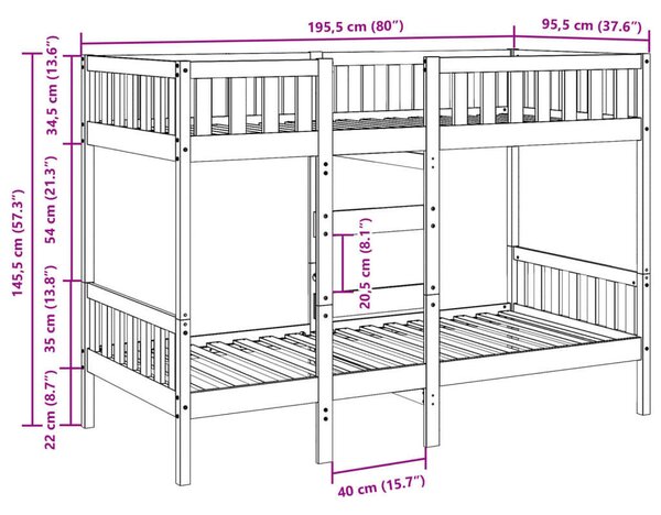 VidaXL fehér tömör fenyőfa emeletes ágy 90x190 cm