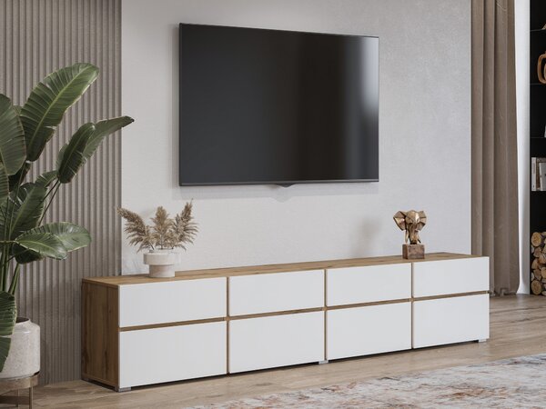 TV-állvány Alfere 101, Laminált forgácslap, 48x225x40cm, Wotan tölgy, Fehér