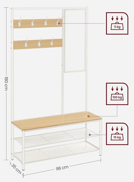 Kabáttartó állvány cipőtárolóval, előszobafal tükörrel és cipőspolcokkal 35x98x180 cm, tölgy színű és fehér