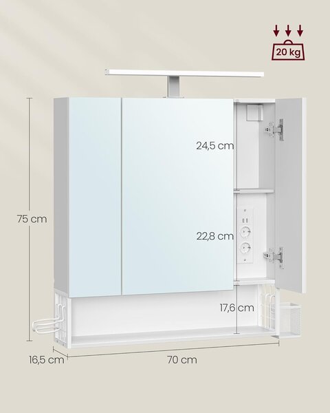 Fürdőszobaszekrény led világítással, konnektorokkal, 16,5 × 70 × 75 cm, felhőfehér színben