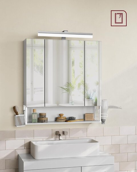 Fürdőszobaszekrény led világítással, konnektorokkal, 16,5 × 70 × 75 cm, felhőfehér színben