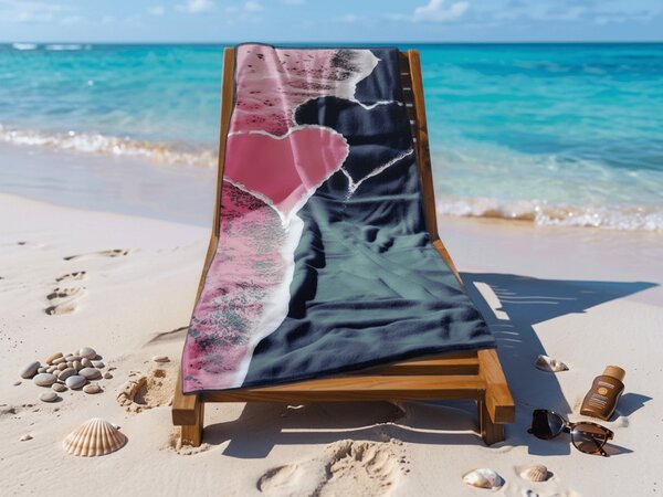 Gyorsan száradó tengerparti fürdőlepedő SEA OF HEARTS rózsaszín-fekete 70 x 140 cm, 100% mikroszál