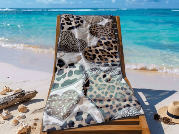 Gyorsan száradó strand fürdőlepedő LEOPARD HEARTS barna-fehér 70 x 140 cm, 100% mikroszál