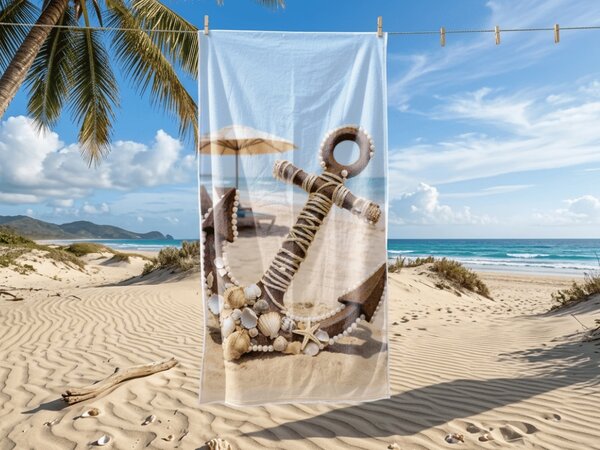 Gyorsan száradó tengerparti fürdőlepedő ANTIC ANCHOR színes 70 x 140 cm, 100% mikroszál