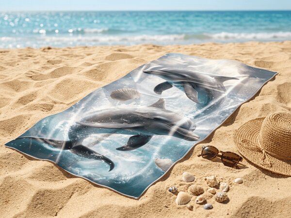 Gyorsan száradó tengerparti fürdőlepedő DOLPHINS kék 70 x 140 cm, 100% mikroszál