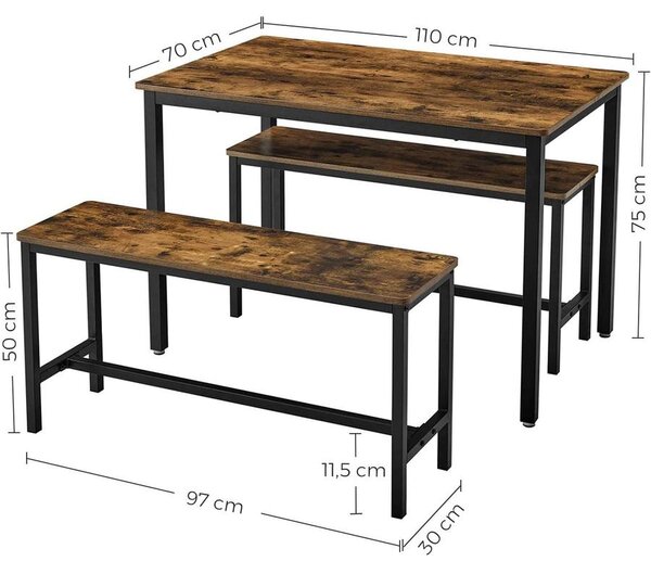 Étkezőasztal 2 paddal, 110 x 75 x 70 cm, rusztikus barna