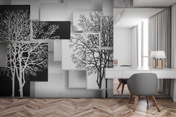 Fotótapéta Fekete-fehér négyzetek csoportja fákkal rajtuk, Geometriai 3D fotótapéta, Népszerű fotótapéta, u09369 - Tapeko.hu