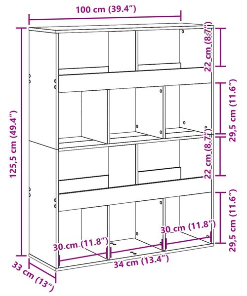 Fa Könyvespolc - Fekete - 10 Rekesz - 100x33x125,5cm