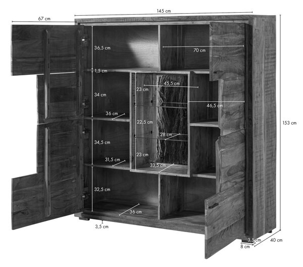 BARK akácfa magas komód 145x40x153cm, sötétbarna, lakkozott