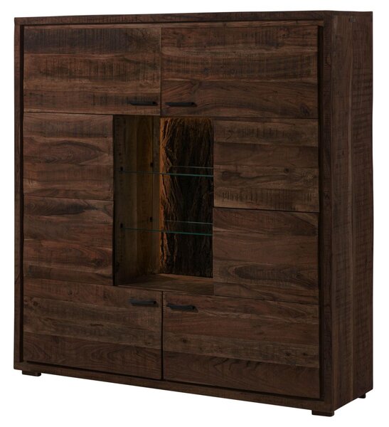 BARK akácfa magas komód 145x40x153cm, sötétbarna, lakkozott