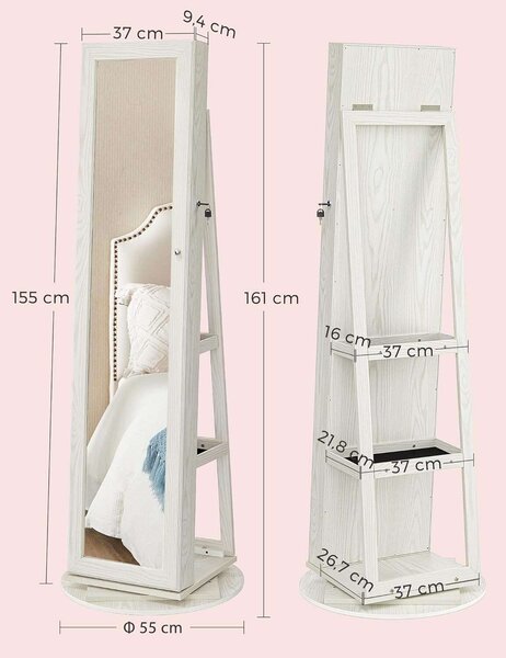 Ékszer szekrény zárral, Songmics, Tükör, JBC62W, 38 x 161 x 38 cm