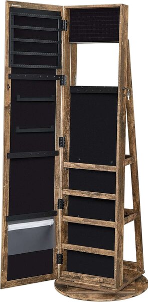 SONGMICS padlótükör 360°-ban forgatható állvánnyal, tárolóhellyel, 55x55x161cm, rusztikus barna
