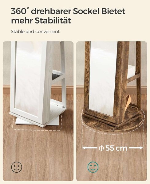 SONGMICS padlótükör 360°-ban forgatható állvánnyal, tárolóhellyel, 55x55x161cm, rusztikus barna