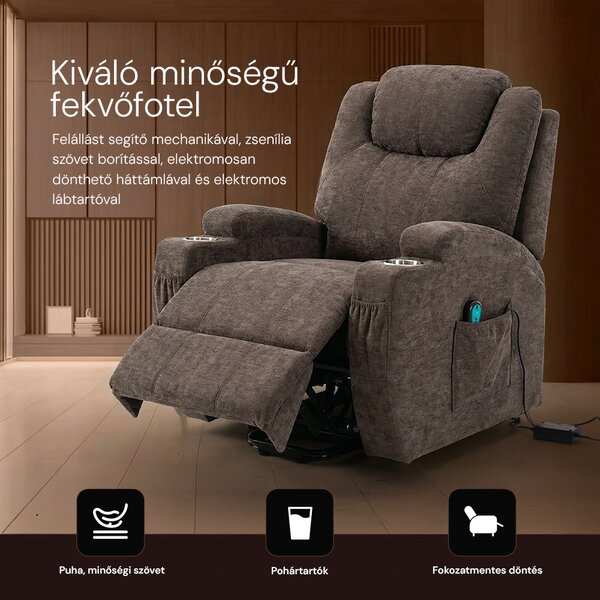Felállást segítő elektromos relax fotelágy motoros mechanizmus szövet sötétbarna, pohártartóval