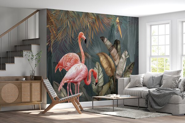 Fotótapéta Rózsaszín flamingók és egy madár az erdőben, Designer fali fotótapéta, Népszerű fotótapéta, u21344 - Tapeko.hu