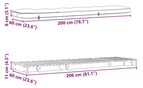 VidaXL viaszbarna tömör fenyőfa futon kanapéágy matraccal 60x206x11 cm