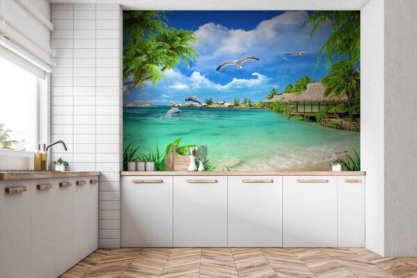 Fotótapéta Strand egy kunyhóval és néhány madárral, Designer fali fotótapéta, Népszerű fotótapéta, u26969 - Tapeko.hu