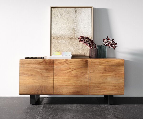 DELIFE Komód New Live-Edge 145 cm akác természetes 3 ajtós fém kufe fekete