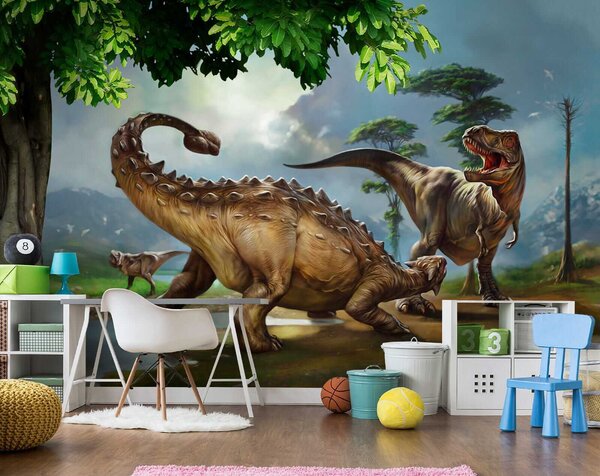 Fotótapéta Dinoszauruszok festménye egy folyó mellett, Állatos fotótapéta, Népszerű fotótapéta, u28674 - Tapeko.hu