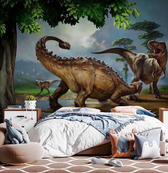 Fotótapéta Dinoszauruszok festménye egy folyó mellett, Állatos fotótapéta, Népszerű fotótapéta, u28674 - Tapeko.hu