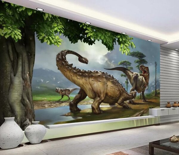 Fotótapéta Dinoszauruszok festménye egy folyó mellett, Állatos fotótapéta, Népszerű fotótapéta, u28674 - Tapeko.hu