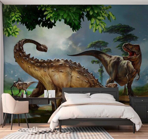 Fotótapéta Dinoszauruszok festménye egy folyó mellett, Állatos fotótapéta, Népszerű fotótapéta, u28674 - Tapeko.hu