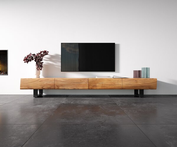 DELIFE TV szekrény New Live-Edge 240 cm akác természetes 4 fiók fém vékony láb fekete