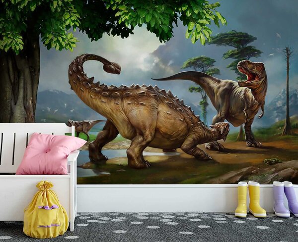 Fotótapéta Dinoszauruszok festménye egy folyó mellett, Állatos fotótapéta, Népszerű fotótapéta, u28674 - Tapeko.hu
