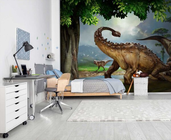 Fotótapéta Dinoszauruszok festménye egy folyó mellett, Állatos fotótapéta, Népszerű fotótapéta, u28674 - Tapeko.hu