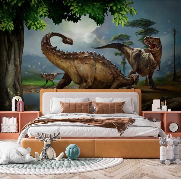 Fotótapéta Dinoszauruszok festménye egy folyó mellett, Állatos fotótapéta, Népszerű fotótapéta, u28674 - Tapeko.hu