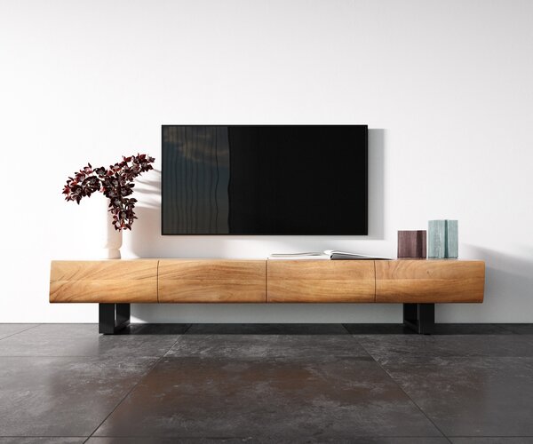 DELIFE TV szekrény New Live-Edge 200 cm akác természetes 4 ajtós vékony lábazat fém fekete