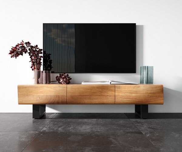 DELIFE TV szekrény New Live-Edge 145 cm akác természetes 3 ajtós fém vékony lábazat fekete