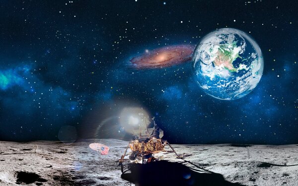 Fotótapéta Hold egy bolygóval, csillagokkal és egy bolygóval a háttérben, Designer fali fotótapéta, Népszerű fotótapéta, u32021 - Tapeko.hu