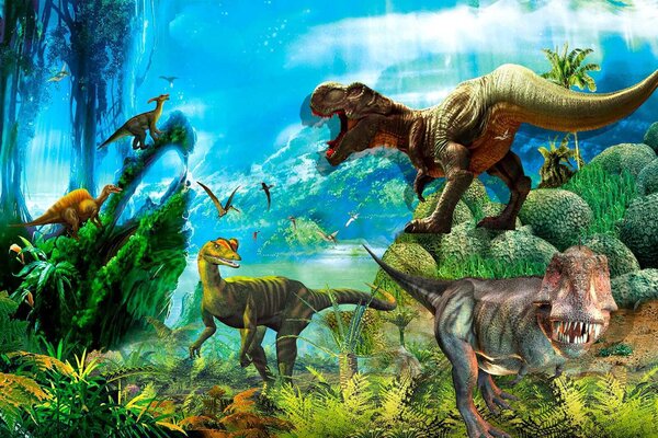 Fotótapéta Dinoszauruszok csoportja az erdőben, Állatos fotótapéta, Népszerű fotótapéta, u35232 - Tapeko.hu