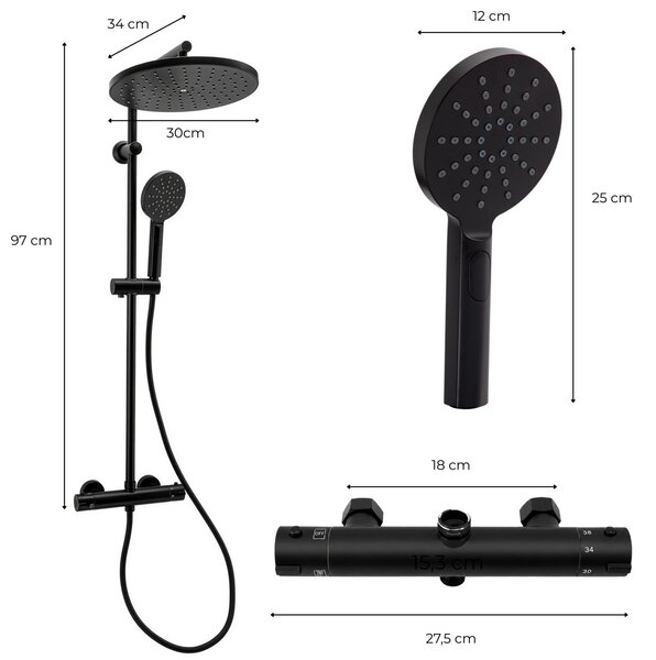 Erga Dubai, zuhanyszett termosztátos keverőcsappal és 30 cm-es fejzuhannyal, matt fekete, ERG-YKA-BP.DUBAJ-THERM-30-BLK