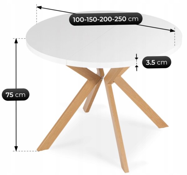 JAKS Kerek kihúzható asztal Lukas fehér 100 - 250 cm skandináv tölgy