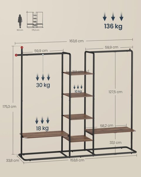 SONGMICS HOME Gyufafej Dizájn Ruhaállvány Cipőtartó Polccal Diófa-Fekete