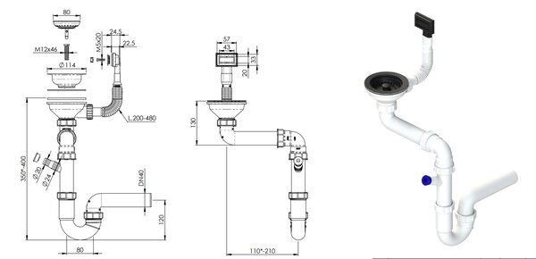 SINK Quality Quality Sink55 mosogató, gránit konyhai mosogató 680x460x215 mm + grafit szifon, szürke, SKQ-SINK.D.1KDO.XB