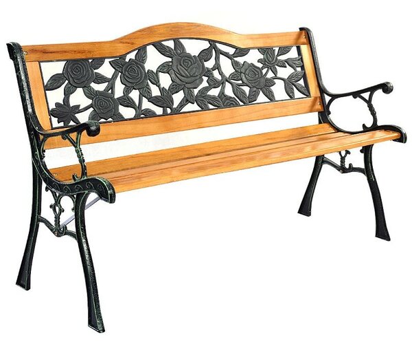 Kerti pihenőpad, fa ülőfelület és háttámla, virágmintás, acélszerkezet, 125x51x76 cm