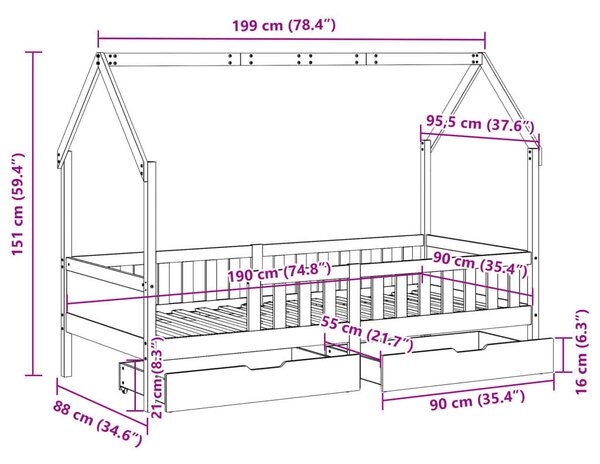 VidaXL tömör fenyőfa gyerekágy keret fiókkal 90x190 cm