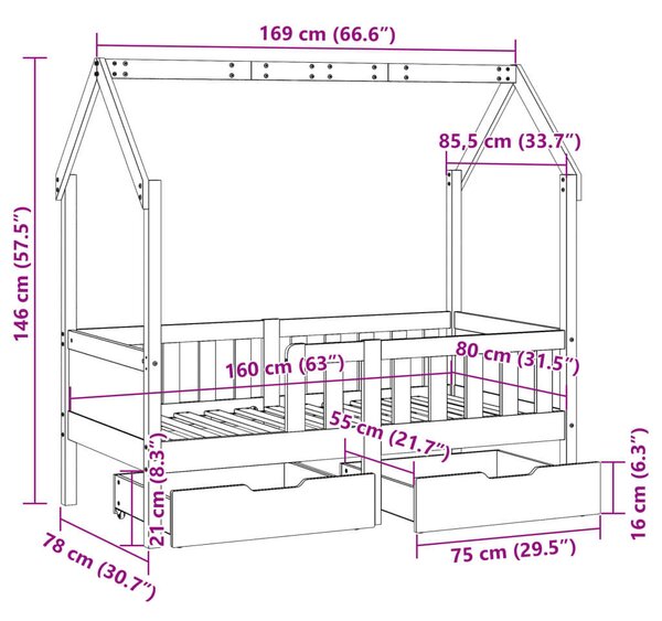 VidaXL tömör fenyőfa fiókos gyerekágykeret 80 x 170 cm