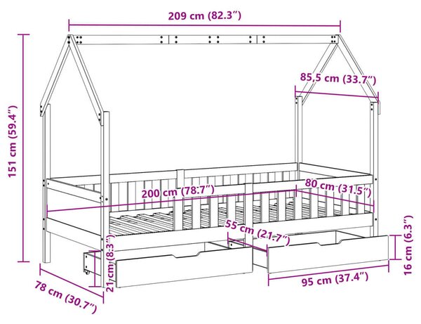 VidaXL tömör fenyőfa gyerekágykeret 80 x 200 cm