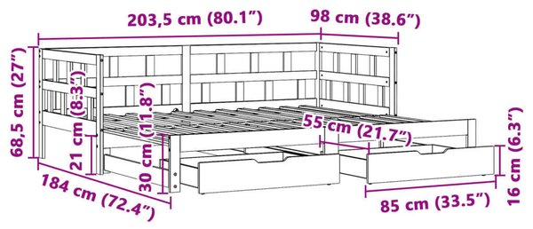VidaXL fehér kihúzható heverő fiókokkal matrac nélkül 90 x 200 cm