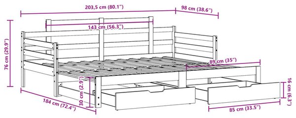 VidaXL fehér kihúzható heverő fiókokkal matrac nélkül 90 x 200 cm
