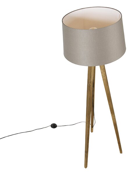 Rusztikus állólámpa háromlábú vintage fa, lenvászon búra bézs 45 cm - Tripod Classic