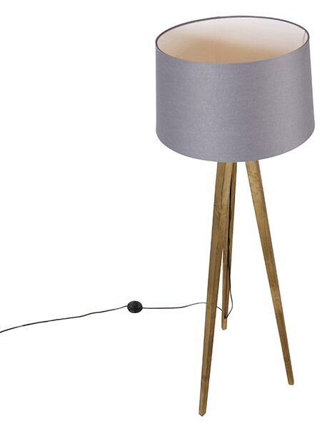 Rusztikus állólámpa vintage fa talppal és lenvászon búrával sötétszürke 45 cm - Tripod Classic