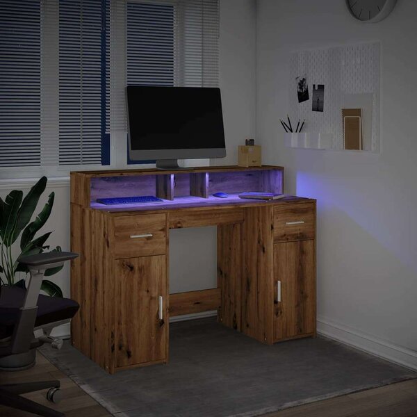 VidaXL kézműves tölgy színű szerelt fa LED-es íróasztal 120x55x91 cm